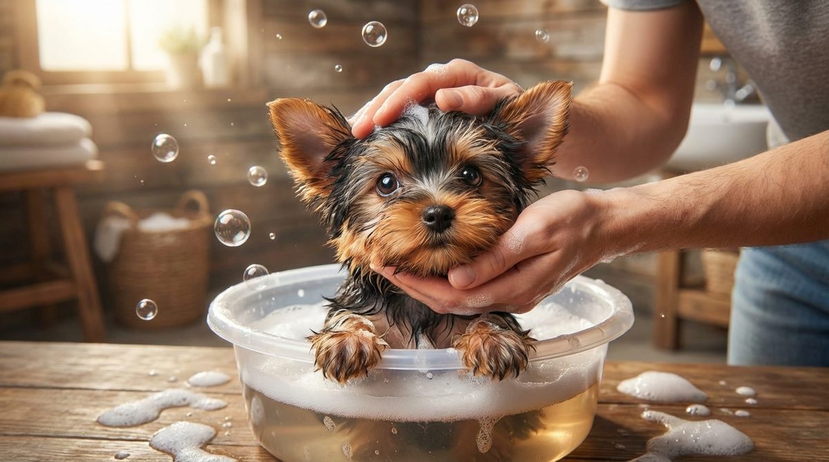Yorkshire Terrier puppy getting its first bath at the grooming salon