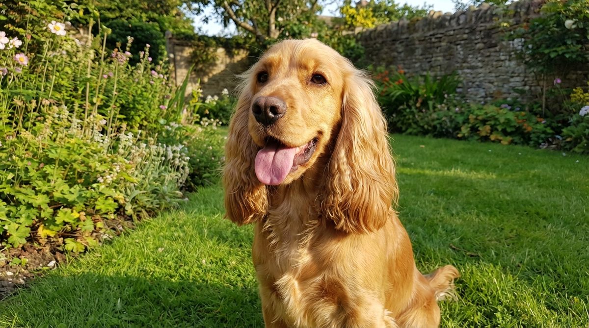 Happy golden Cocker Spaniel enjoying time in the garden, a popular family dog breed