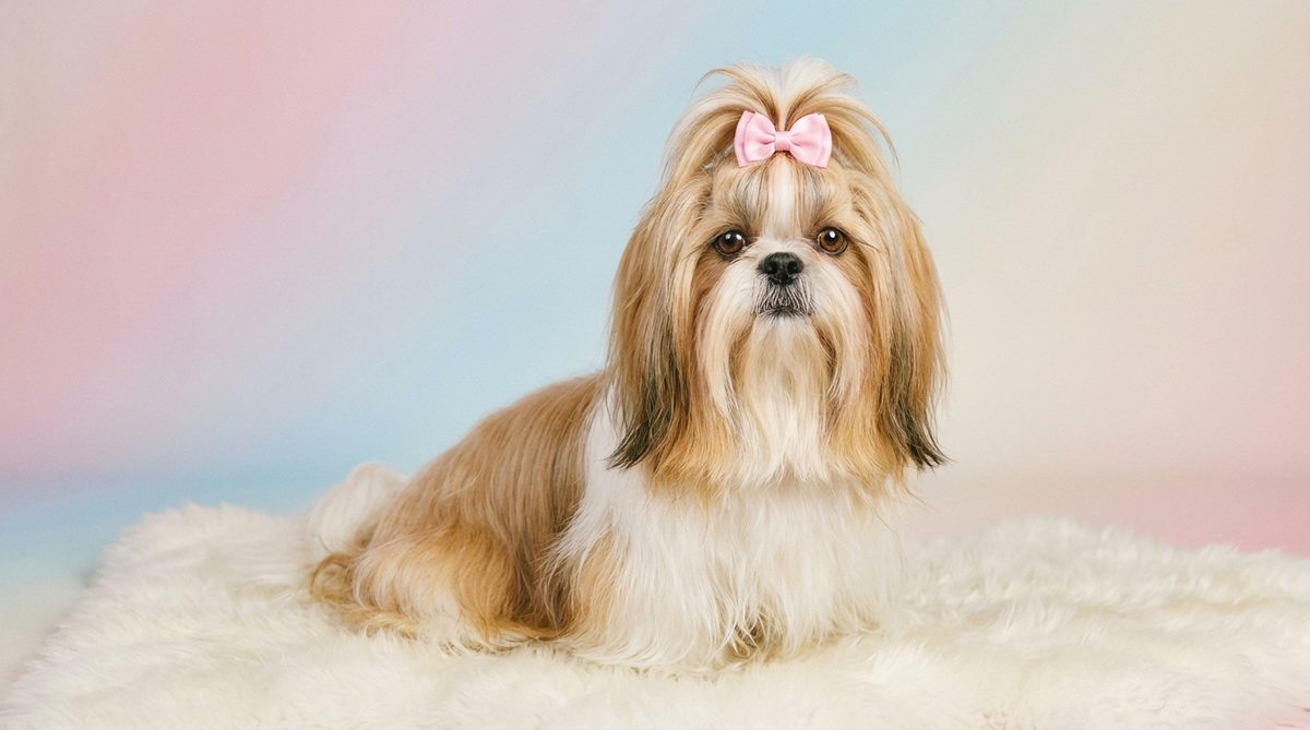 Groomed Shih Tzu with a bow, showcasing the long silky coat type